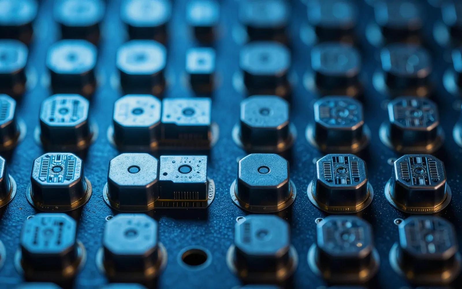 Abstract repeating grid of memory package tops on a dark board