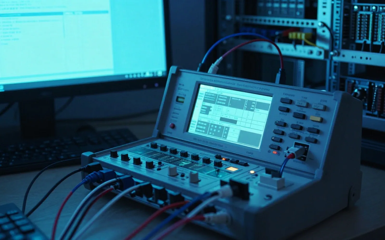 Electronics workbench at night with a logic analyser and probe leads