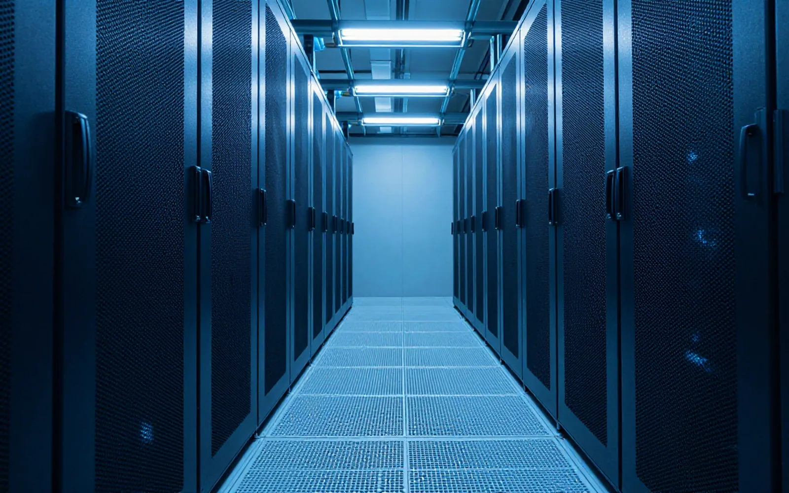 Empty data centre corridor between cabinets under cool blue lighting