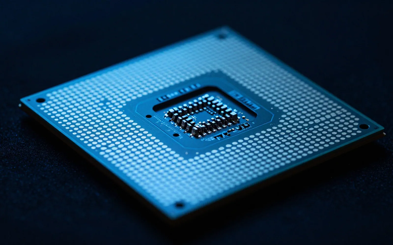 Macro photograph of an exposed processor die with visible functional blocks