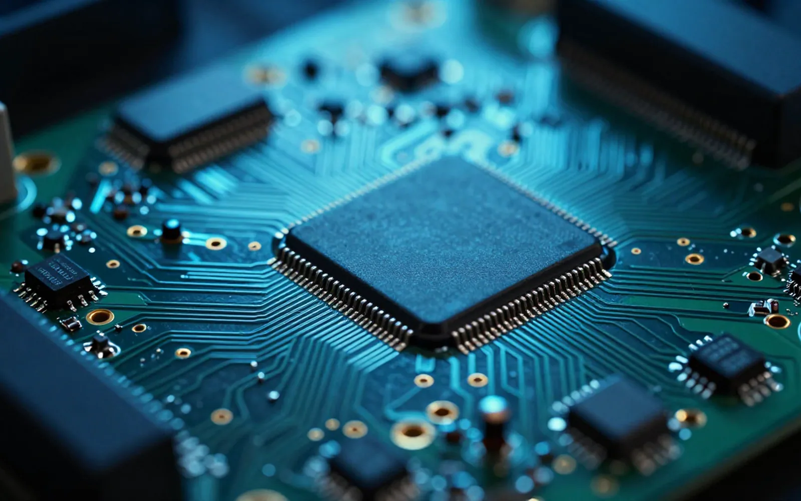 Extreme macro of a dense circuit board with surface mount components and gold traces