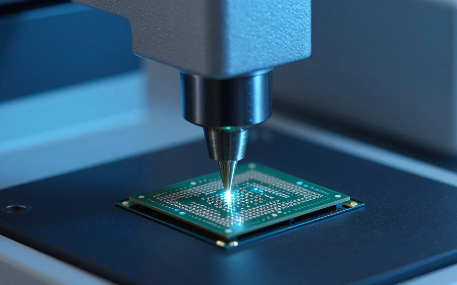 Wafer probe station needles contacting a test die under magnification