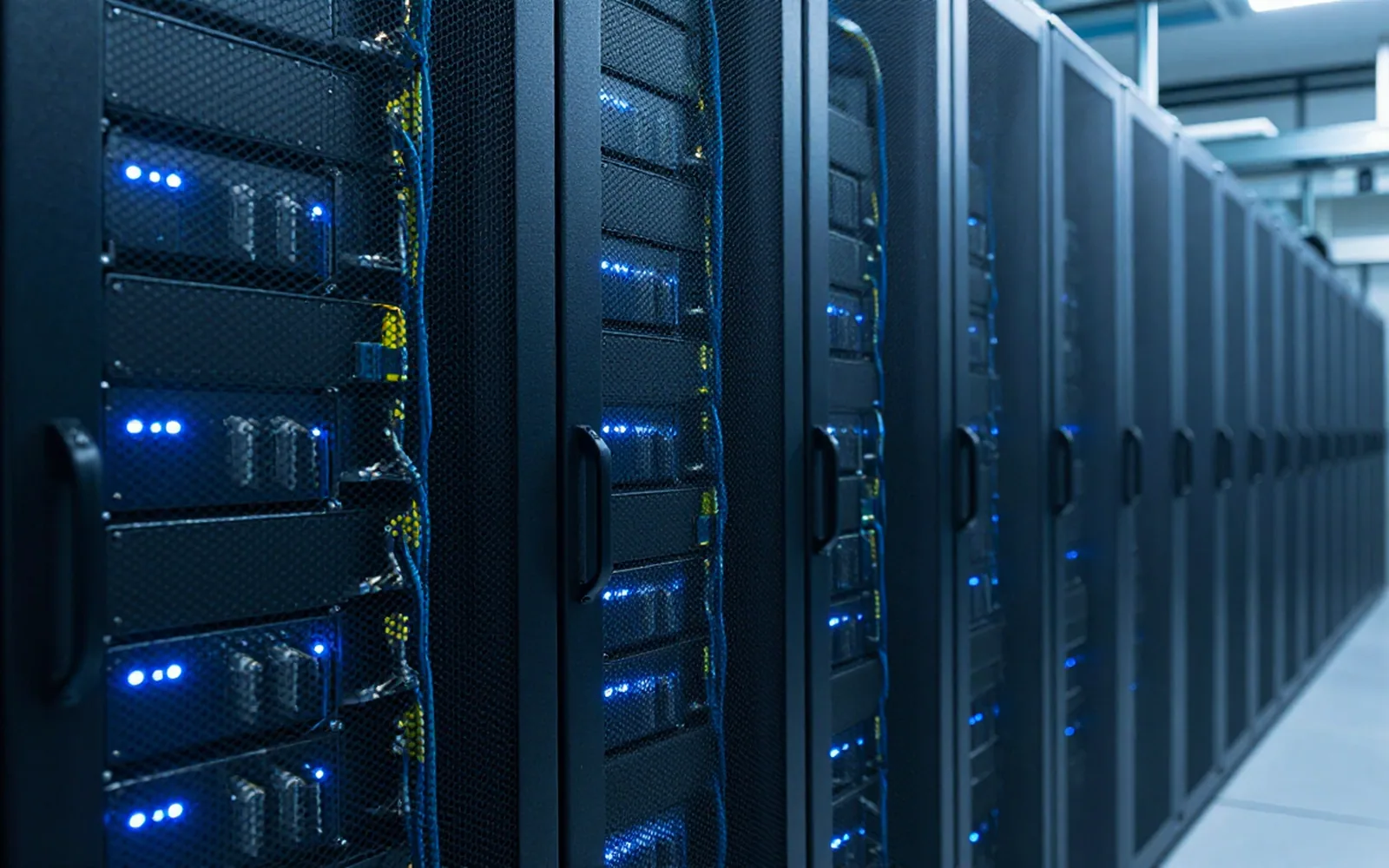 Row of dark server racks in a cold aisle with faint blue status lights