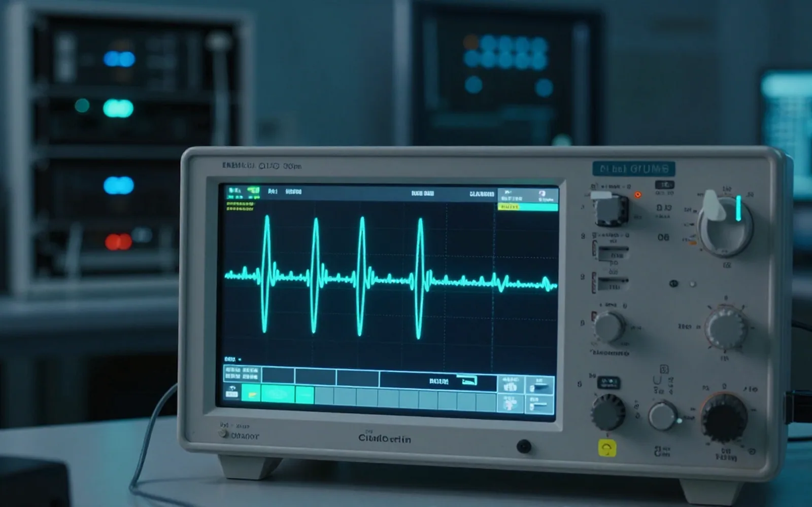 Oscilloscope screen showing waveform traces in a dark electronics lab