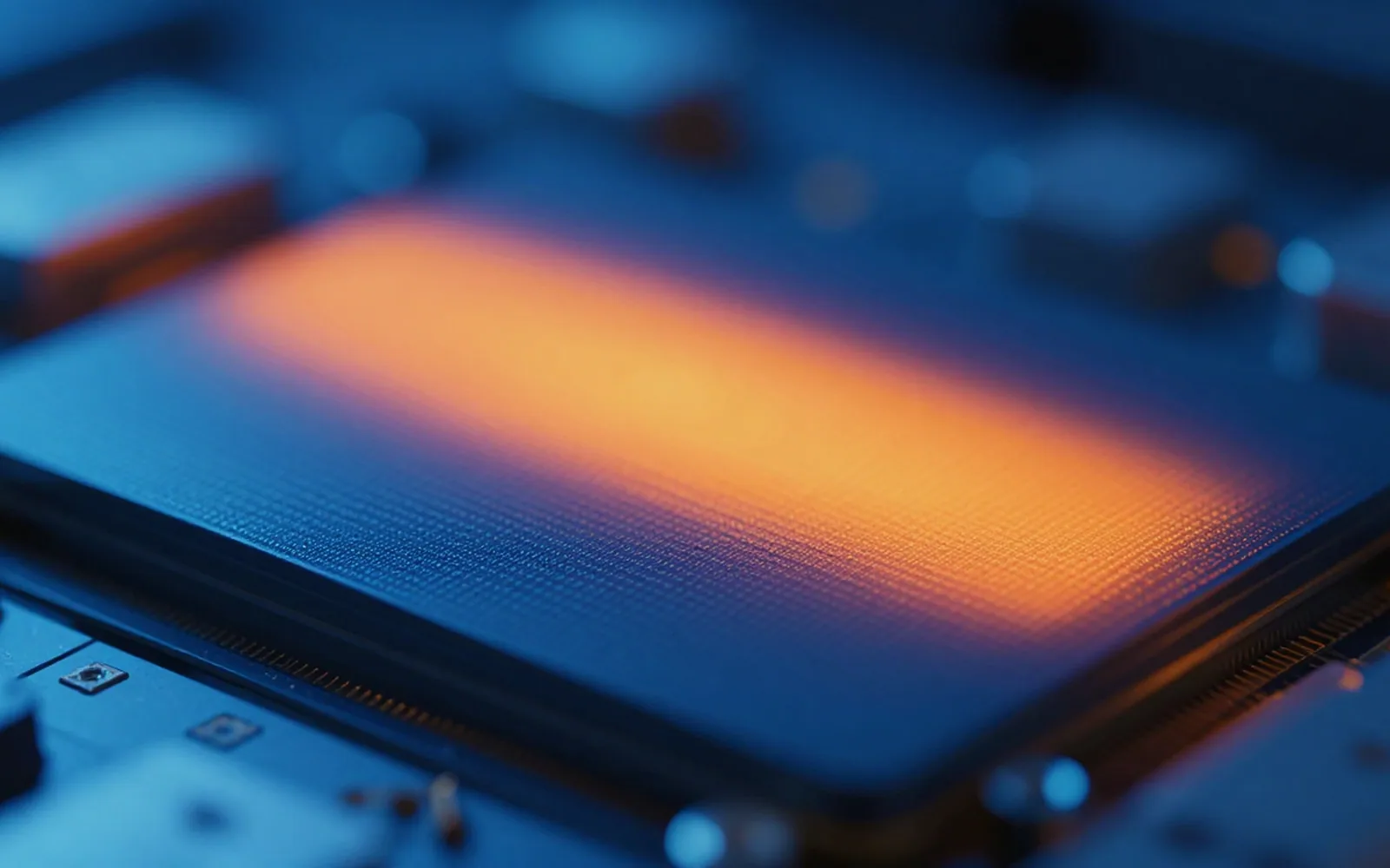 Thermal camera style abstract of a hot component gradient from orange to deep blue