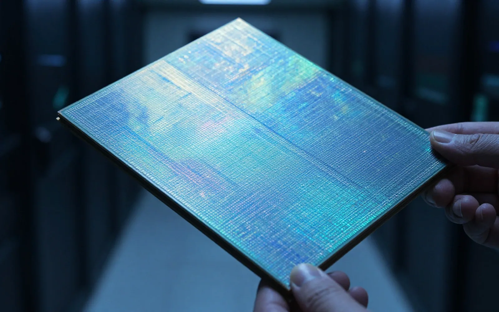 Silicon wafer held at an angle showing a repeating grid of dies